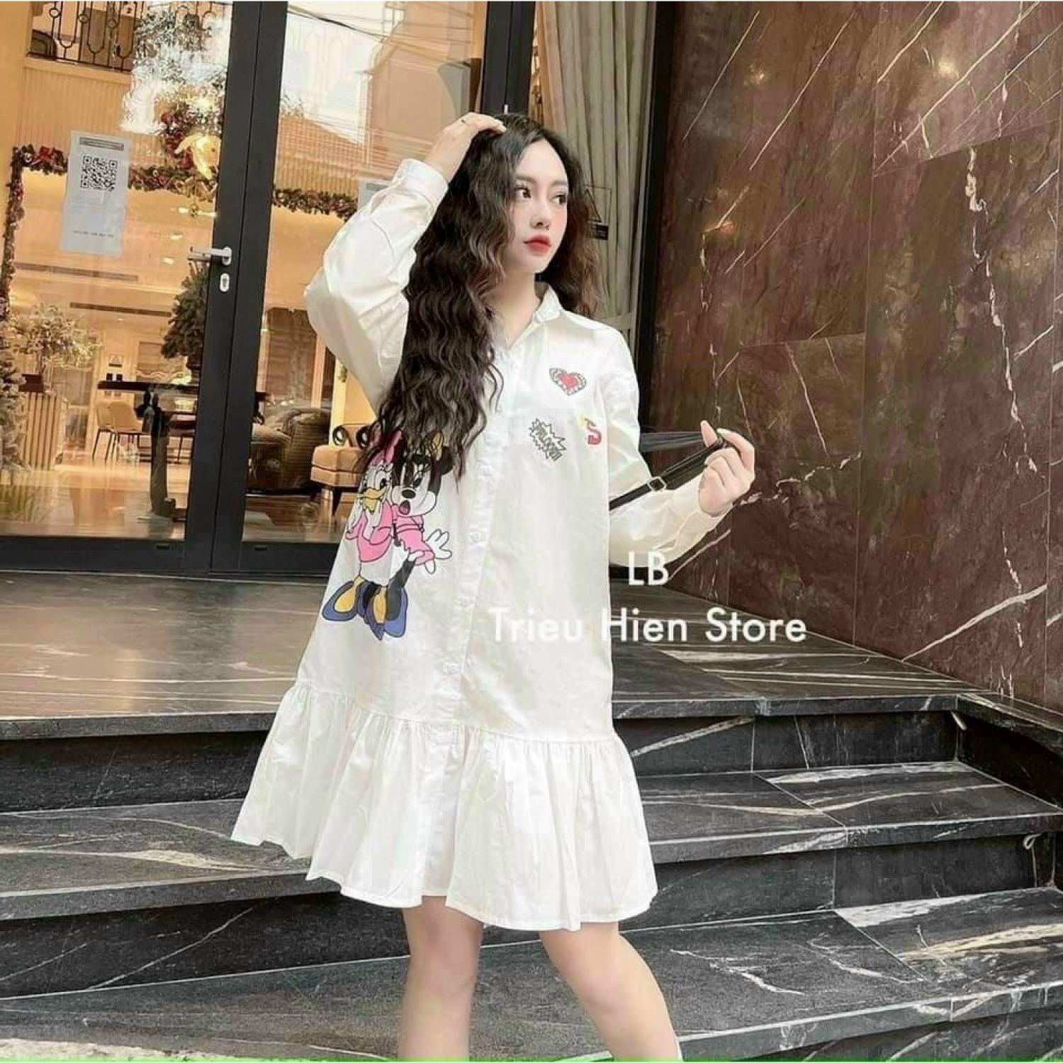 Váy đầm nữ dáng suông cổ sơ mi đuôi cá dài tay in hình dễ thương