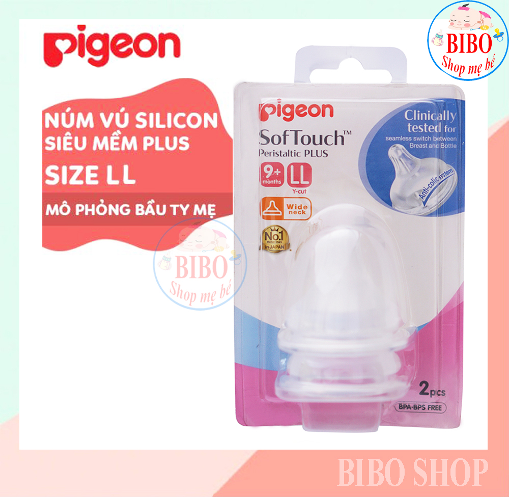 Núm Vú Silicone Siêu Mềm Plus Pigeon 2 Cái/Vỉ, Núm Ty Cổ Rộng Hàng Chính Hãng Công Ty