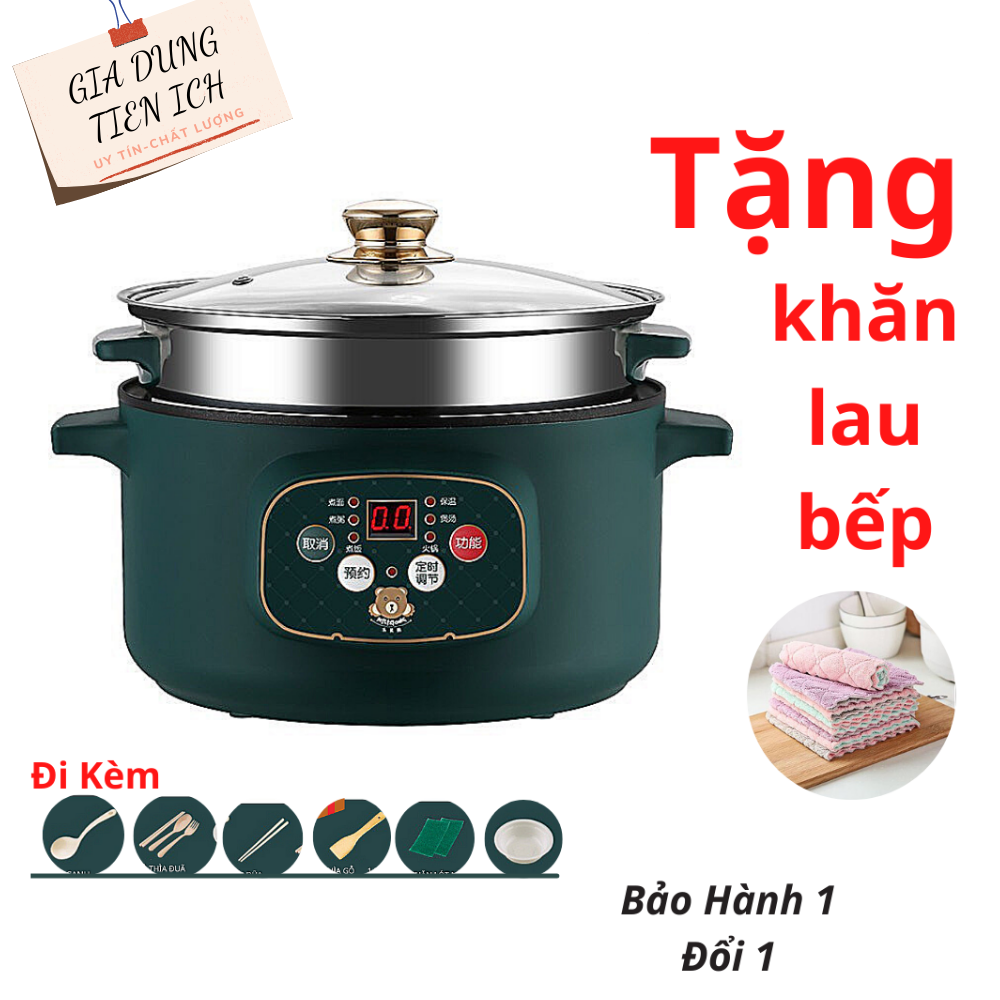 Nồi Lẩu Mini 2 Tầng 5 in 1 kèm giá hấp Inox, Nồi điện chống dính 26cm 1000W có thể hấp, chiên, xào, nấu cơm, hầm canh đa năng , nồi hâm đa năng cao cấp
