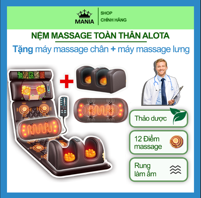 Nệm massage toàn thân ALOTA N24 có kèm máy massage chân, máy massage lưng, bi massage từ tính giảm đ