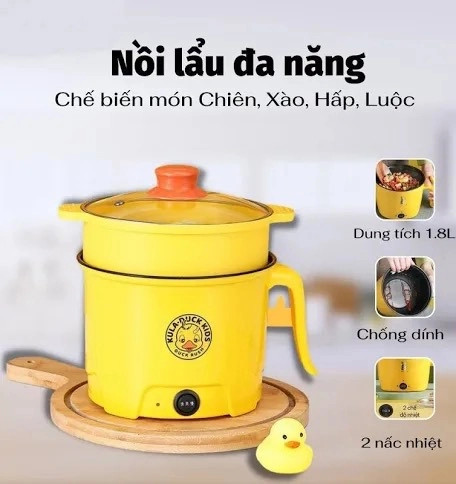 Ca nấu mì, nồi lẩu điện 18cm con vịt vàng đa năng mini kèm xửng hấp tiện lợi lồng nồi chống dính có thể nấu lẩu, xào, hấp, nấu cháo.