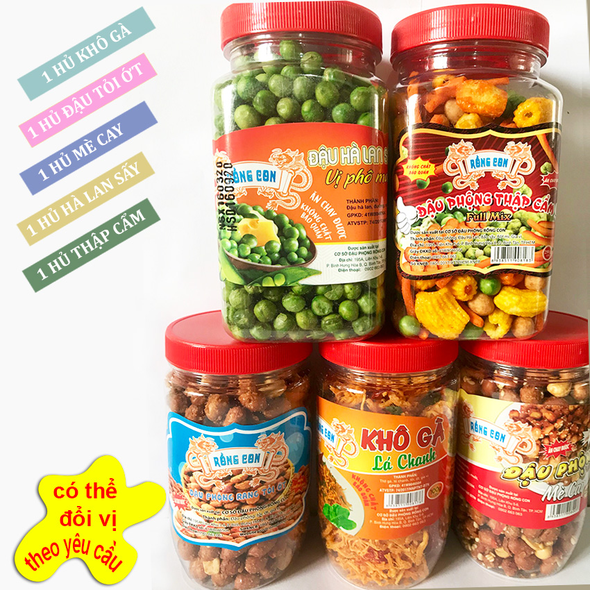(5HG)COMBO 5 Hủ: 1 Hủ Khô Gà Lá Chanh Loại Ngon 100g + 1 Hủ Đậu Phộng Tỏi Ớt 210g + 1 Hủ Hà Lan 220g + 1 Hủ Thập cẩm 220g + 1 Hủ Đậu Phông Da Cá Nước Cốt Dừa 220g Rồng Con - Đồ ăn vặt