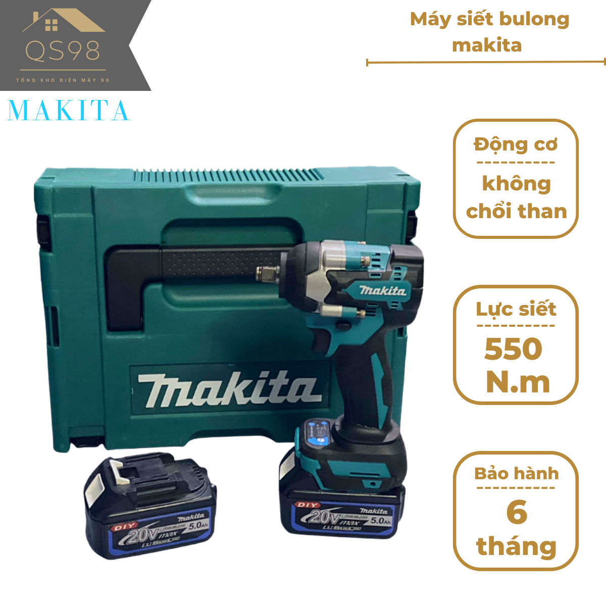 Máy Siết Bulong Makita 550N.m đông cơ không chổi than tặng kèm đầu bulong 22mm bảo hành máy siết bulong 6 tháng