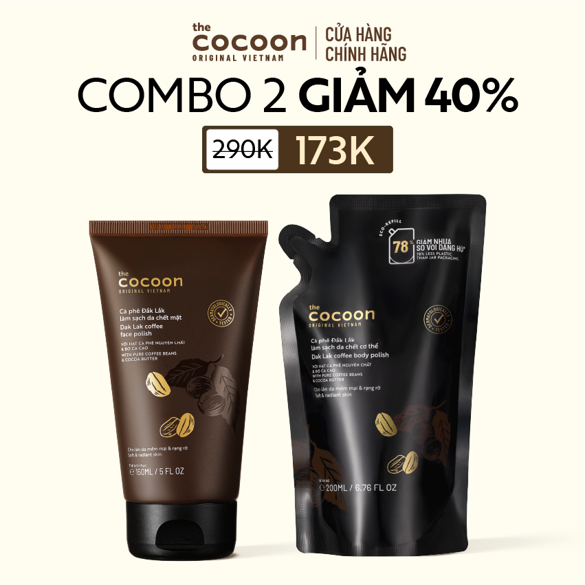COMBO 1 Tẩy da chết mặt cà phê Đắk Lắk Cocoon cho làn da mềm mại  rạng rỡ 150ml + 1 Túi  cà phê Đắk Lắk làm sạch da chết body 200ml