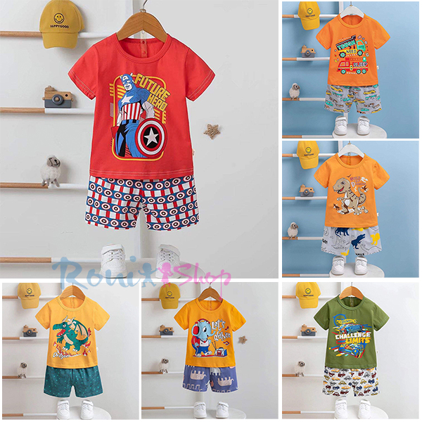 Đồ bộ cho bé trai - Bộ thun cotton xuất Hàn cộc tay cho bé trai size từ 7 - 22kg