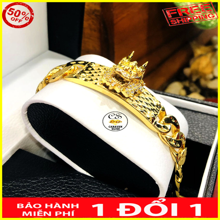 Lắc tay nam mạ vàng 18k bản rộng 1.5cm mặt lắc hình đầu rồng cao 1.5cm - caraven silver