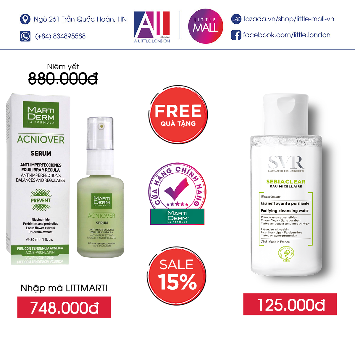 Tinh chất MartiDerm acniover serum 30ml TẶNG tẩy trang SVR (Nhập khẩu)