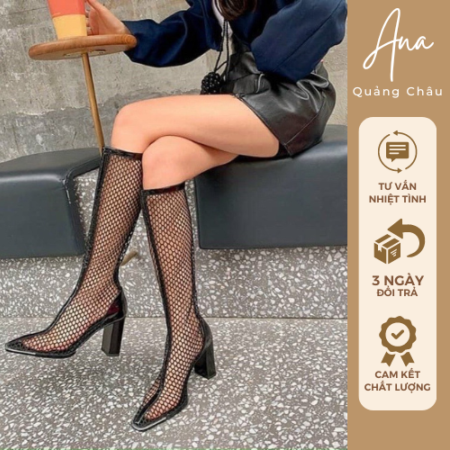 Bốt nữ, boot lưới viền da cao cổ gót 9p mũi nhọn sắt Ana QC