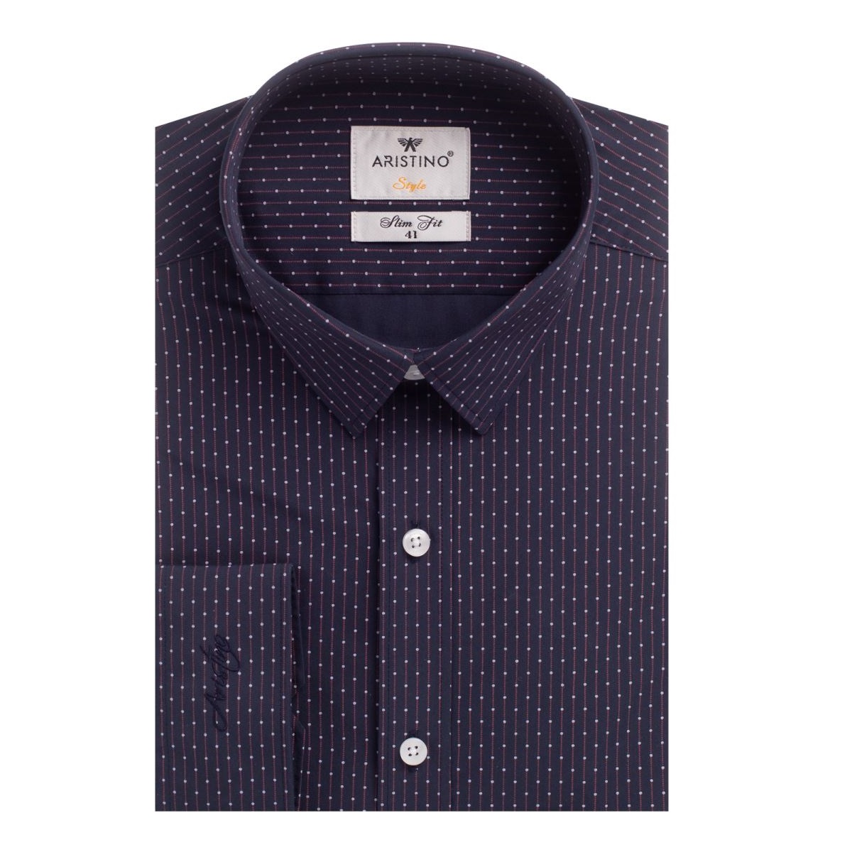 Áo sơ mi dài tay Aristino ALS17309 dáng Slim fit màu Tím than in kẻ sọc đỏ chấm