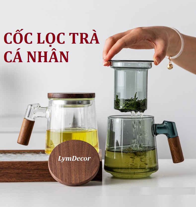 Cốc lọc trà tay gỗ có nắp, cốc trà cá nhân, cốc thủy tinh cao cấp không chì