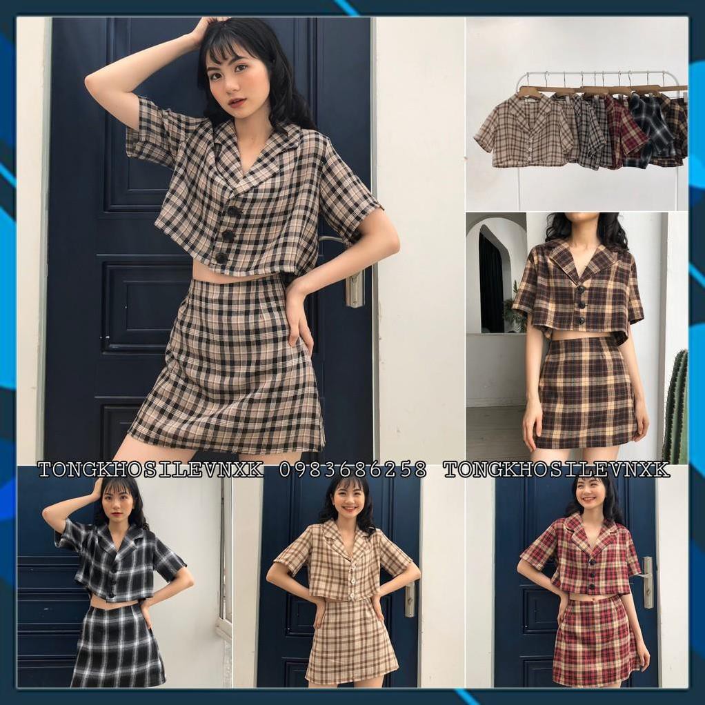 Set kẻ caro áo vest croptop mix chân váy caro quảng châu - sp hot