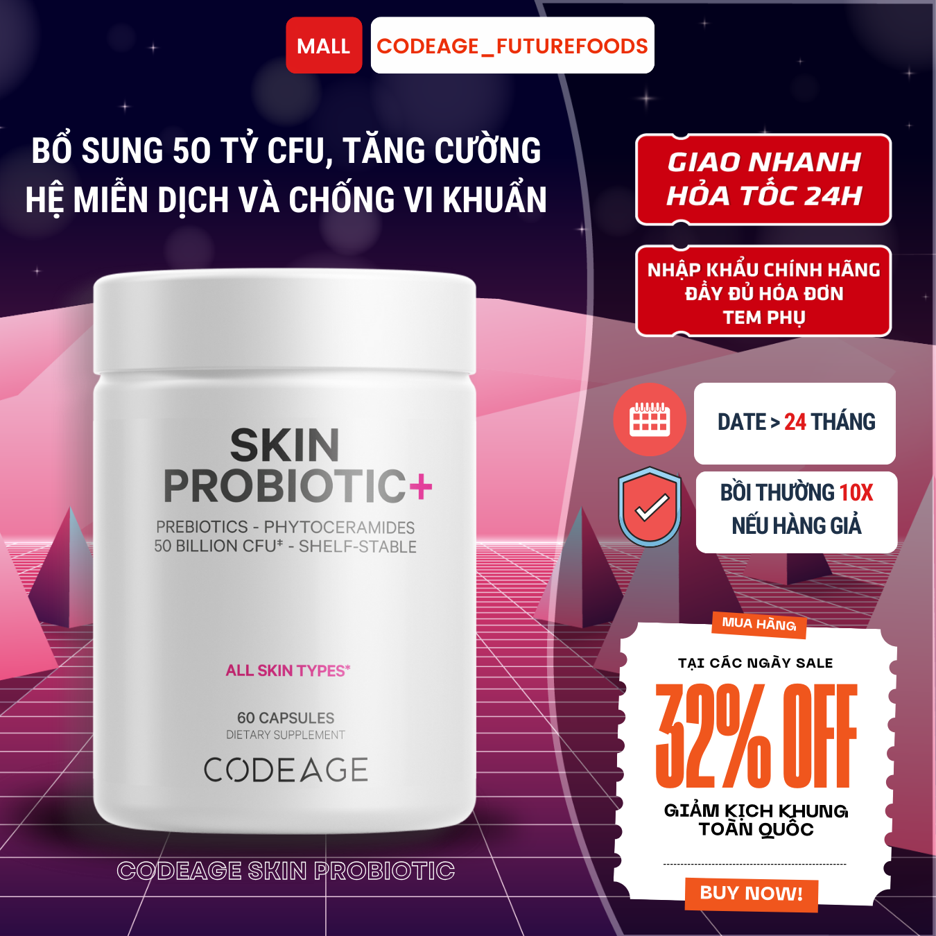 Viên uống lợi khuẩn cho da codeage skin probiotic 60 viên