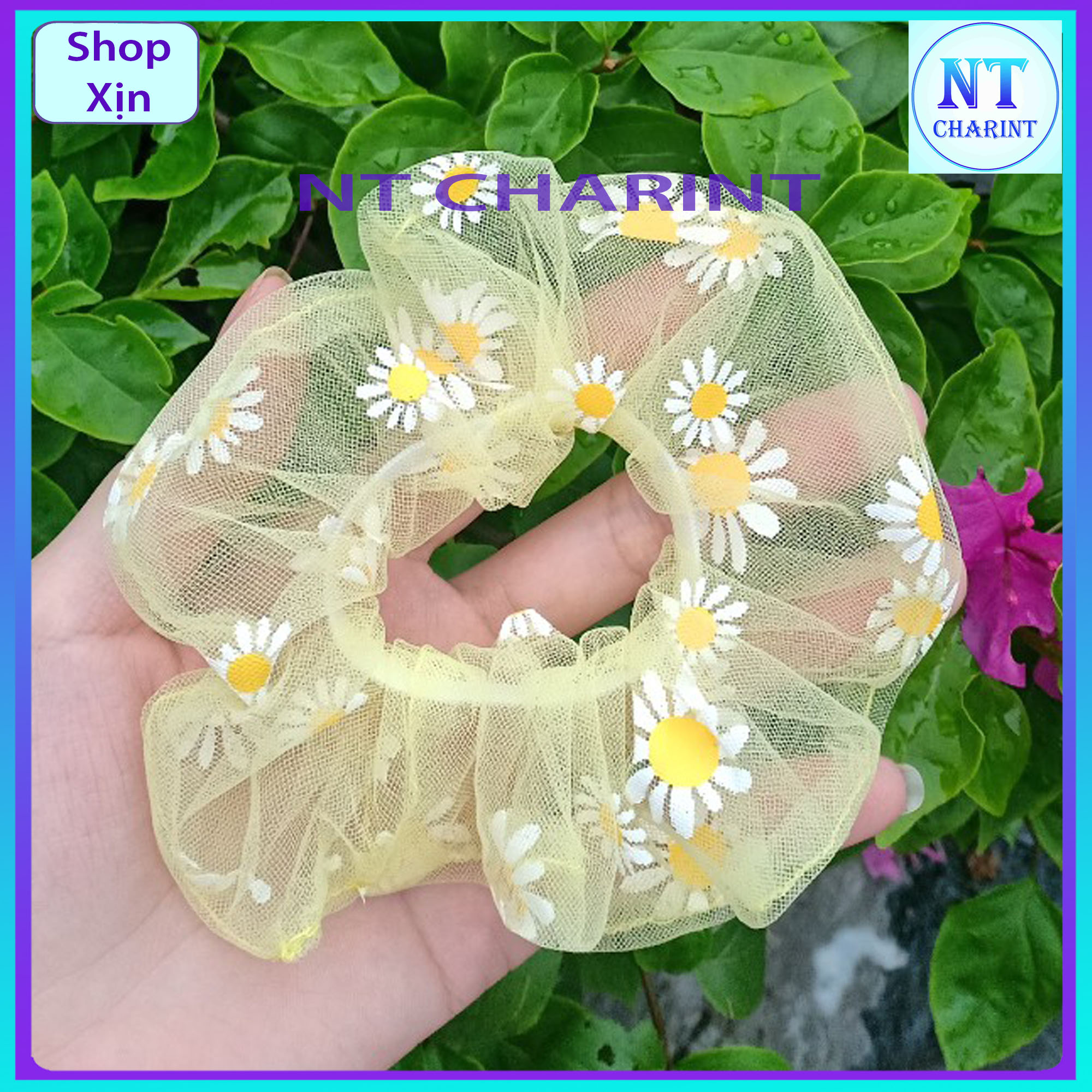 Cột tóc vải lưới hoa Cúc xinh xắn cột tóc scrunchies vải lưới vàng