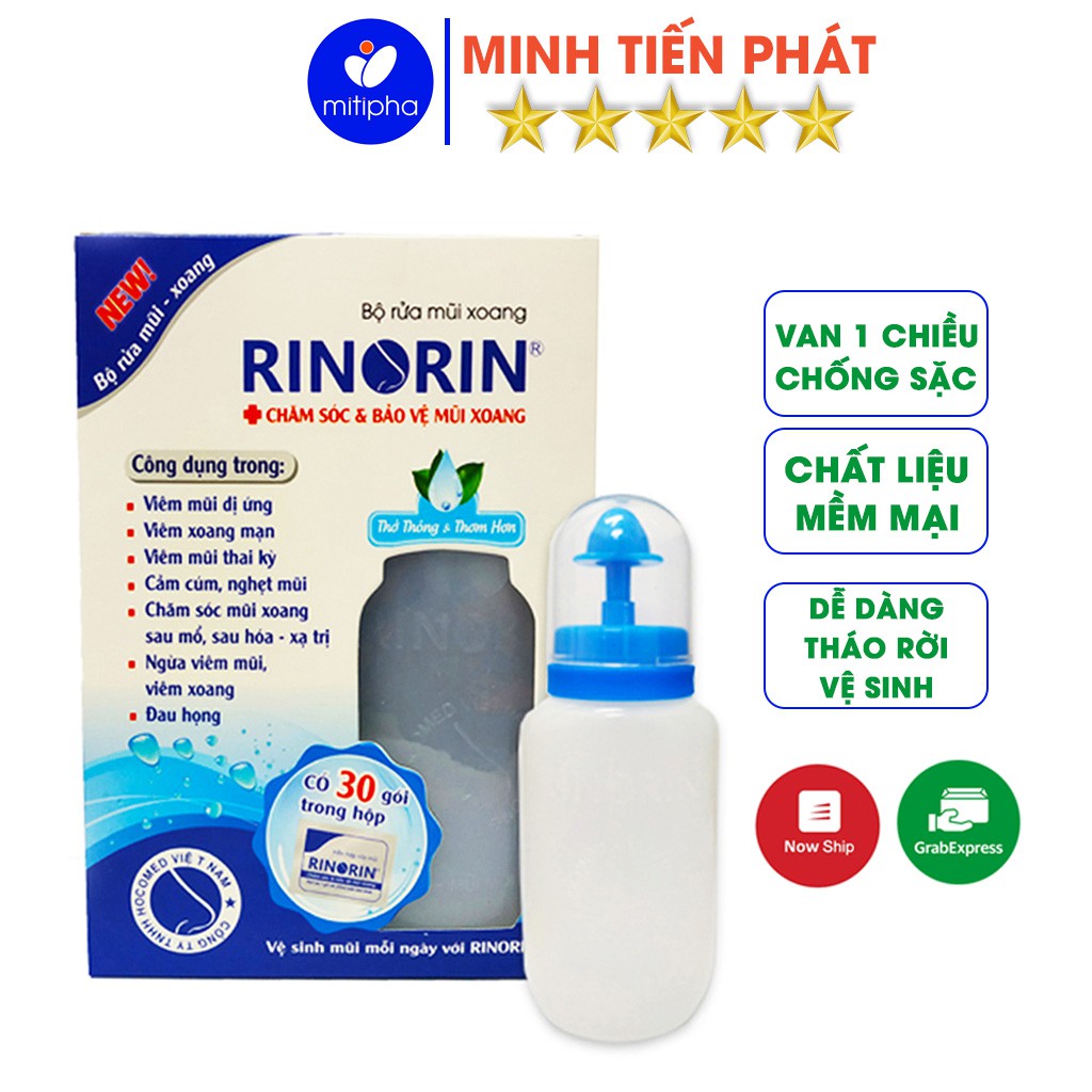 Bộ bình rửa mũi xoang rinorin - kèm 30 gói hỗn hợp rửa mũi
