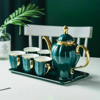 Bộ ấm chén cao cấp Teaset Luxury bắc âu xanh lục viền vàng sang trọng