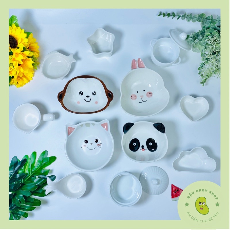 Bát ăn dặm, chén ăn dặm gốm sứ cho bé màu trắng hình thù dễ thương