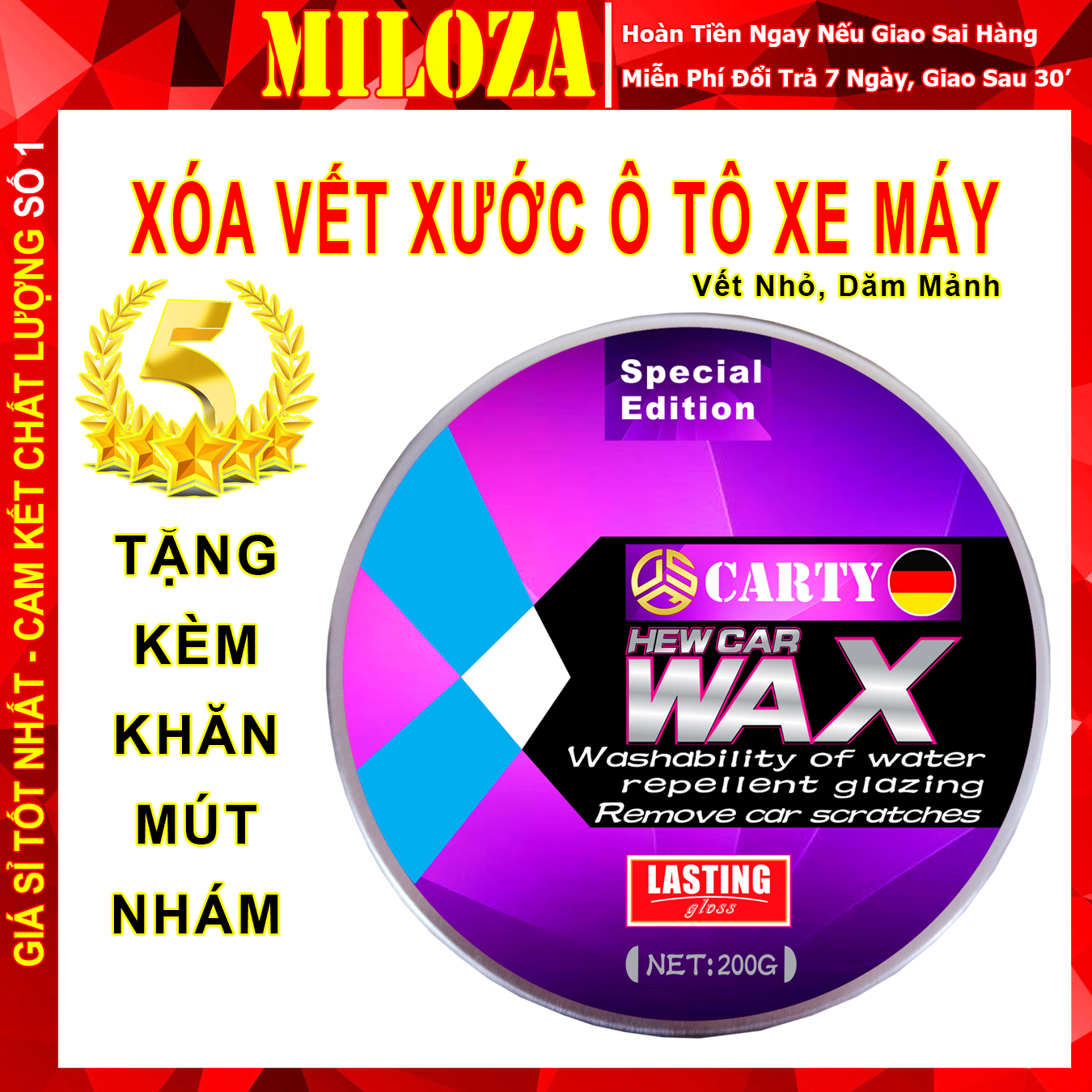 Kem Xoá Xước Xe Ô tô CARTY 200G - Xóa Vết Xước Xe Ô tô - Tẩy Vết Xước Ô tô, Xe Máy - Tặng Kèm Mút Xốp, Khăn Lau, PK Nhám Mịn - MILOZA