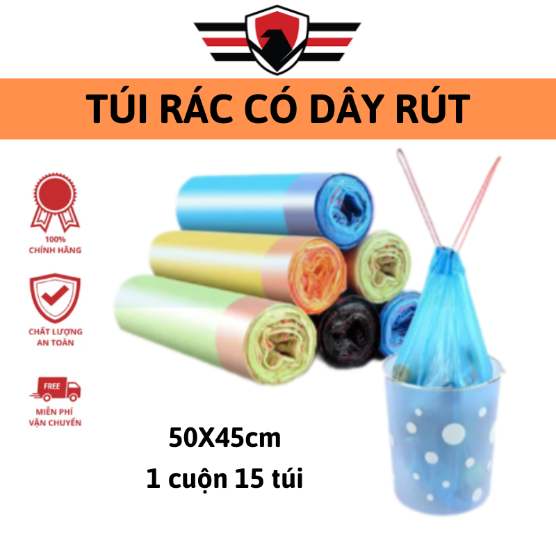 Túi đựng rác có quay xách 45x50cm 1 cuộn 15 túi màu ngẫu nhiên, Túi rác có quai xách size lớn - Huy Tưởng