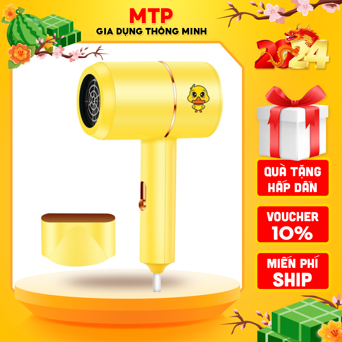 Máy sấy tóc 2 chiều nóng lạnh hình chú vịt siêu cute tặng kèm đầu tạo kiểu, Máy sấy tóc mini cầm tay, Máy sấy tóc mini giá rẻ