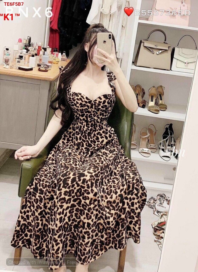 [ Voucher 50k Freeship Max 0 đồng toàn quốc ]ĐẦM DA BEO HAI DÂY DÁNG VÁY XÒE DÀI HỞ NGỰC QUYẾN RŨ