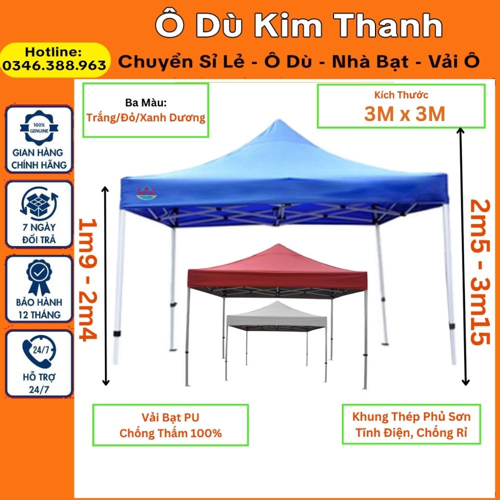 Nhà bạt di động đa năng mái che cao cấp 3m x 3m khung sắt sơn tĩnh điện chống rỉ che mưa, che nắn