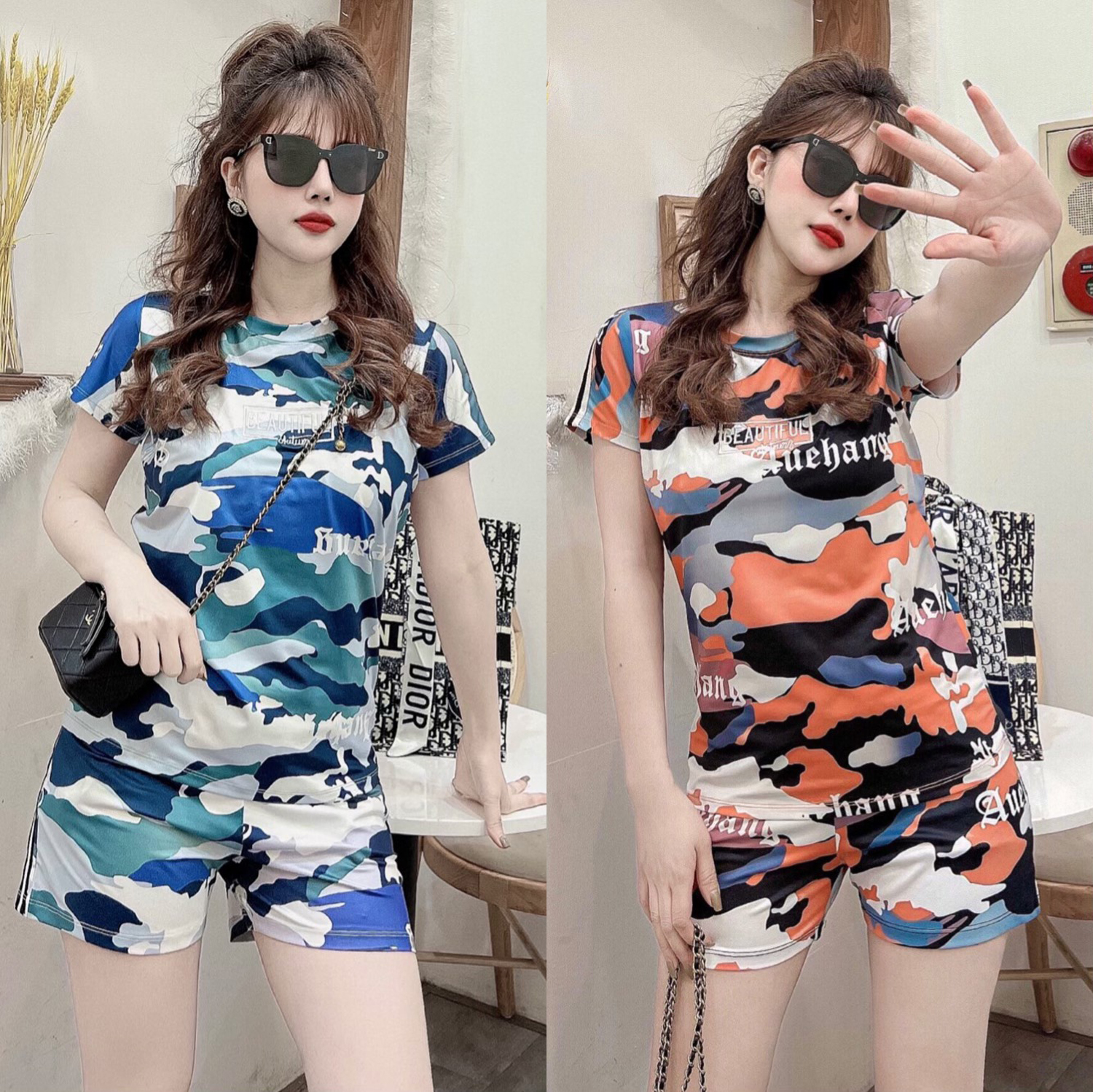 Bộ đồ thun cotton thể thao đùi rằn ri lính