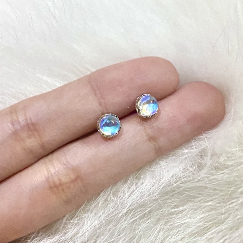 Bông tai tròn bạc đá Moonstone nhân tạo, khuyên tai bạc tròn đá mặt trăng nhân tạo Blackmeo