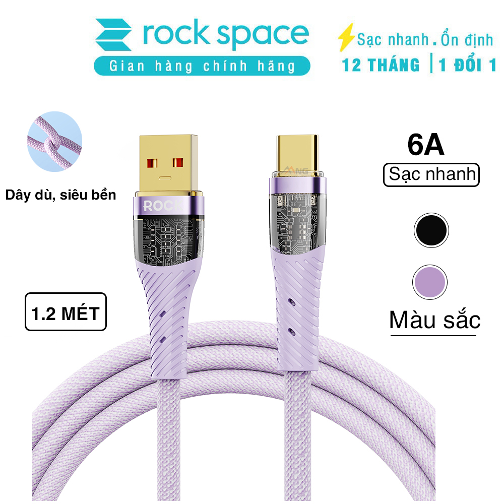 Dây cáp sạc nhanh 6A chuẩn TypeC ROCKSPACE Z21 đầu cáp trong suốt độ dài 1.2m, hàng chính hãng bảo hành 12 tháng