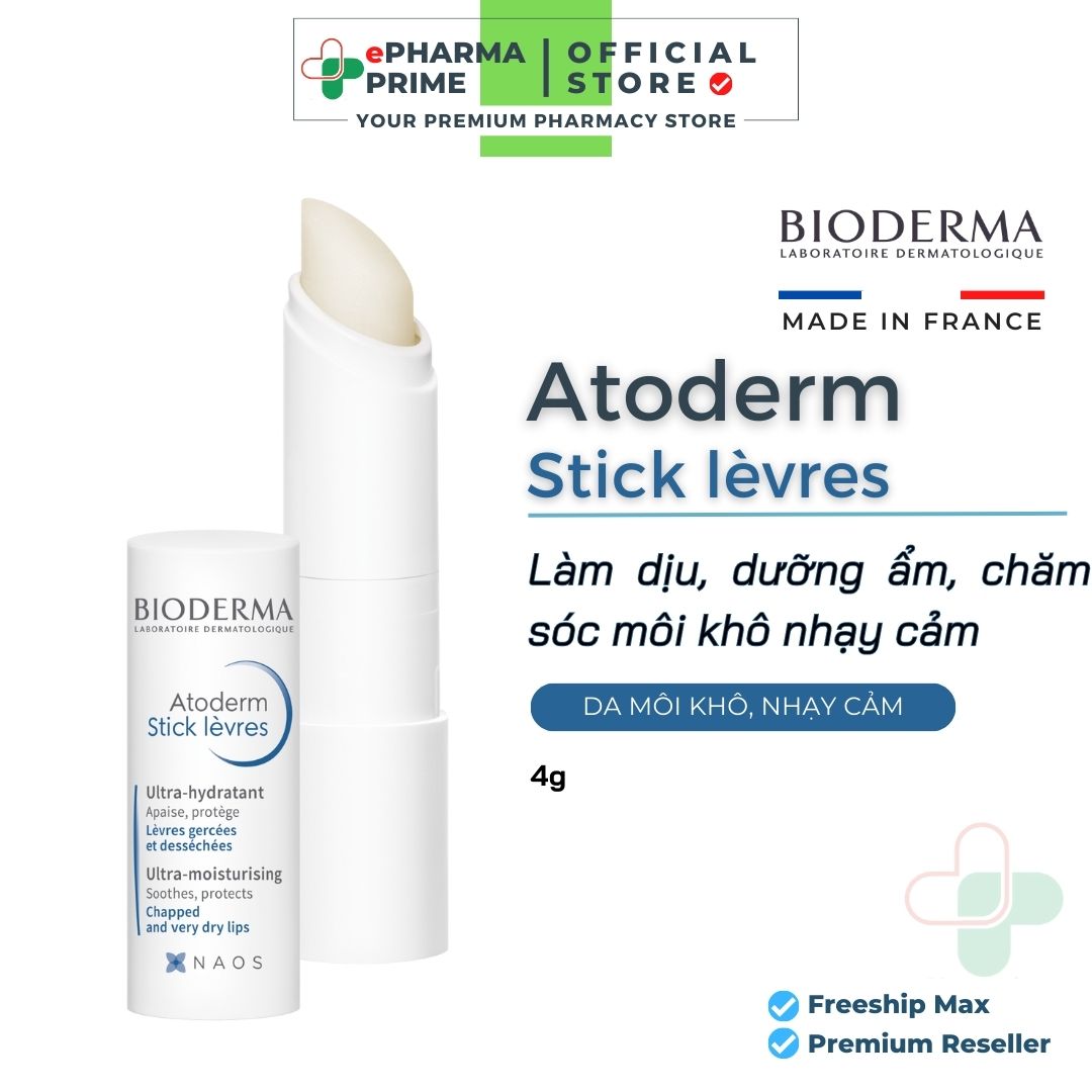Son Dưỡng Môi Bioderma Atoderm Stick Lèvres không màu, dưỡng ẩm, căng bóng cho môi khô 4g