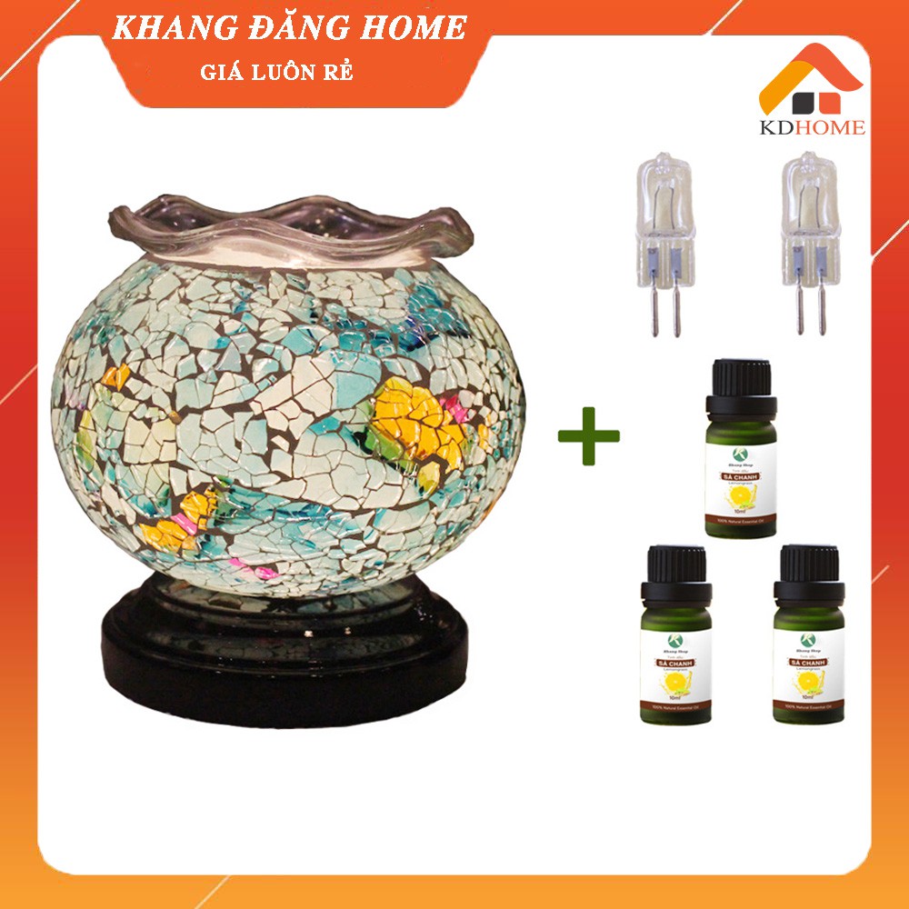 Đèn xông tinh dầu pha lê chọn màu size lớn kèm 3 lọ tinh dầu và 2 bóng dự phòng