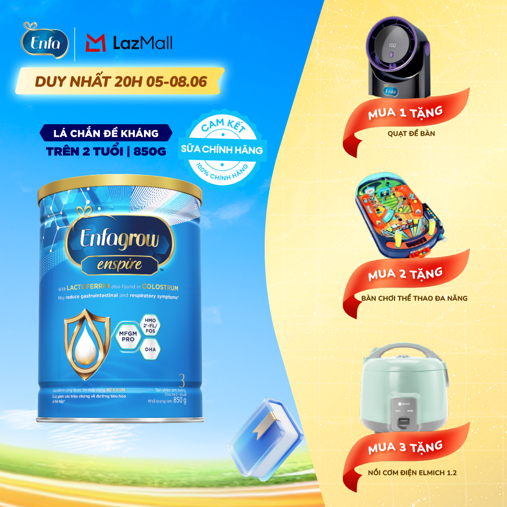 [DUY NHẤT 09-10/06 MUA LÀ CÓ QUÀ] Sữa bột Enfagrow Enspire 3 850g hỗ trợ đề kháng với Lactoferrin dành cho trẻ từ 2-6 tuổi