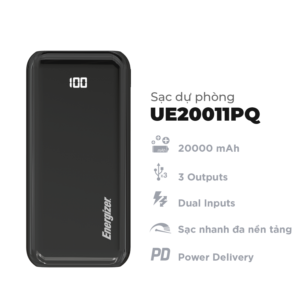 Combo Sạc dự phòng Energizer 20000mAh UE20011PQ, cốc sạc 9FIT 35W, Cáp C to Lightning 1M- Hàng chính hãng