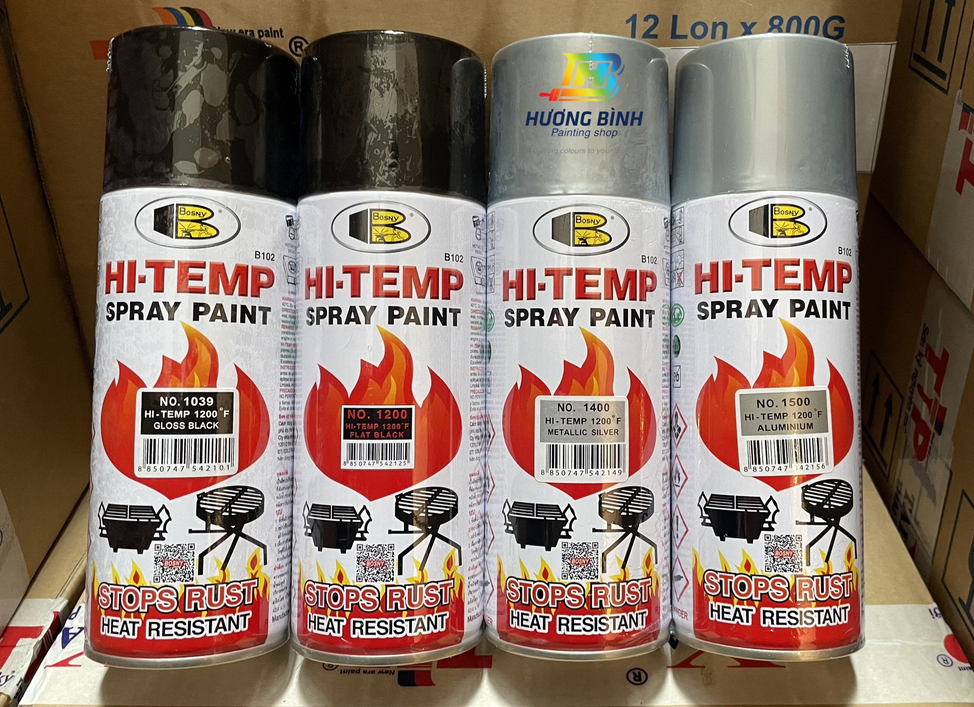 Sơn xịt chịu nhiệt Bosny Hi - Temp (600 độ C)(có nhiều màu sắc lựa chọn: đen bóng, đen mờ, bạc, bạc nhũ)
