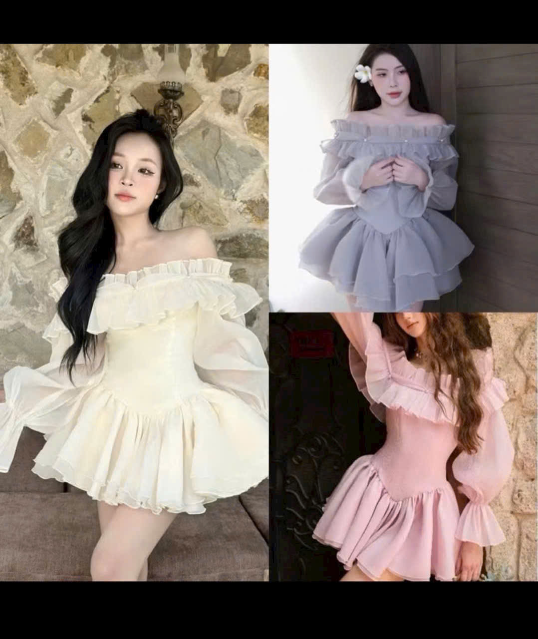 Đầm thiết kế sang chảnh chất tơ cao cấp váy ngắn xoè bồng bềnh có quần trễ vai tay dài nhún bèo chuẩn từ form tới dáng