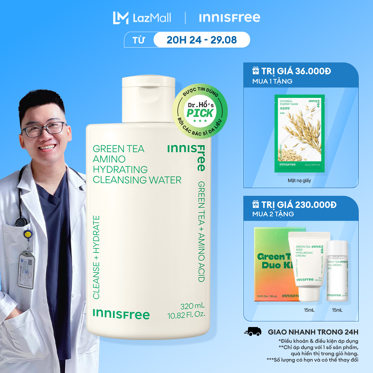 Nước tẩy trang dưỡng ẩm INNISFREE Green Tea Amino Hydrating Cleansing Water