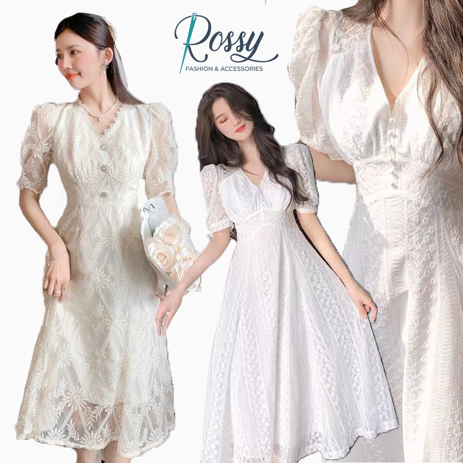 Đầm nữ váy nữ Rossy Fashion, đầm ren nude cổ V phối nút cườm - SR190