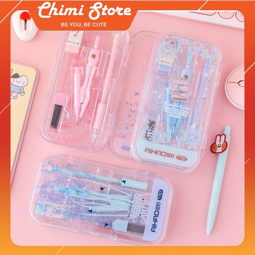 Bộ compa 8 món Chimi HT035, Bộ dụng cụ học tập chất liệu nhựa PVC cao cấp phong cách Vintage vô cùng đáng yêu