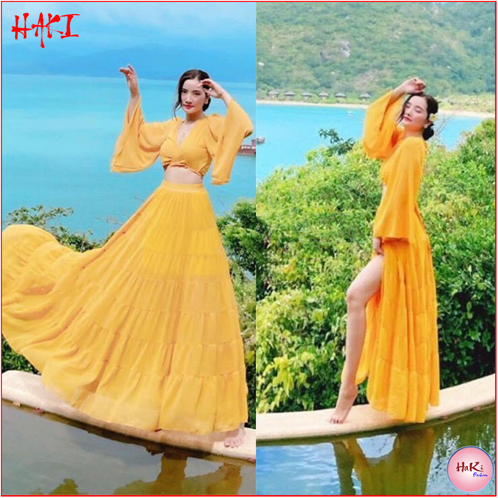 Set váy maxi tay loe nhíu tầng chụp hình sống ảo phong cách thời trang Haki MSP113 chất voon chifon xinh đẹp