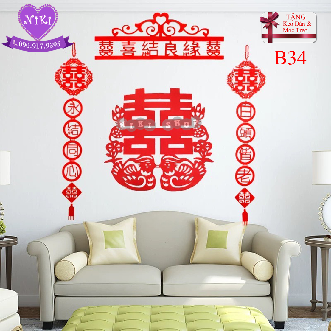 BỘ CHỮ HỶ CƯỚI  UYÊN ƯƠNG TRANG TRÍ ĐÁM CƯỚI VẢI NỈ B34 - TẶNG MÓC TREO & KEO DÁN
