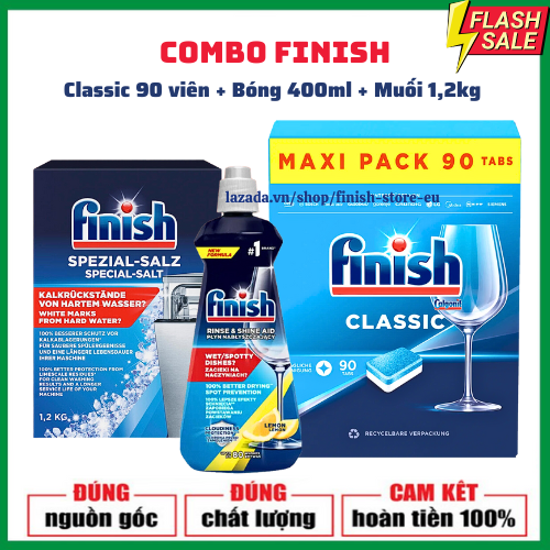 Combo rửa bát finish 90 viên+Bóng finish 400ml+Muối finish 1,2kg dùng cho máy rửa bát máy rửa chén