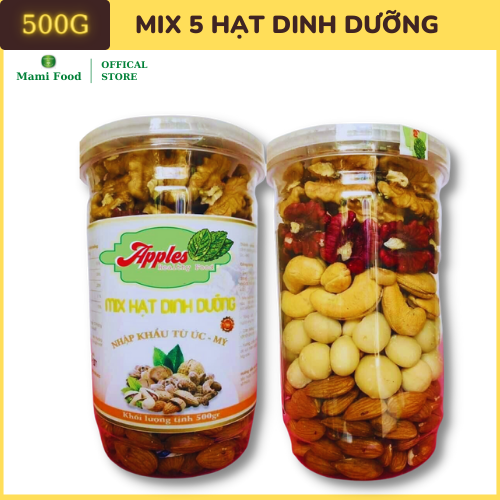 Mix 5 loại hạt dinh dưỡng cao cấp: hạnh nhân, macca, óc chó vàng, óc chó đỏ 500gr