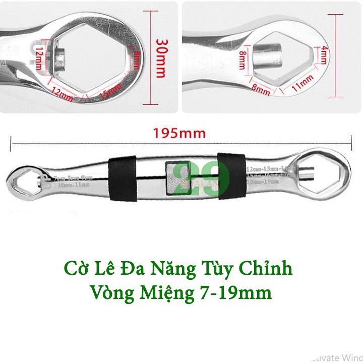 Cờ lê đa, cờ lê 2 đầu năng tùy chỉnh vòng miệng từ 7-19mm tặng găng tay bảo hộ