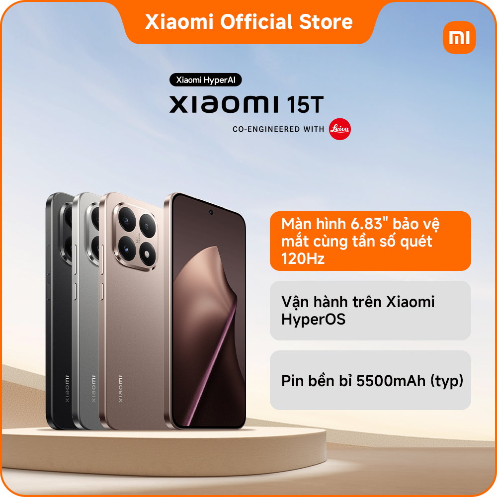 Xiaomi 15T | Thiết kế thân máy bo tròn thanh lịch | Màn hình 6.83" bảo vệ mắt cùng tần số quét 120Hz | Xiaomi HyperAI | Sạc nhanh HyperCharge 67W | Pin bền bỉ 5500mAh (typ)