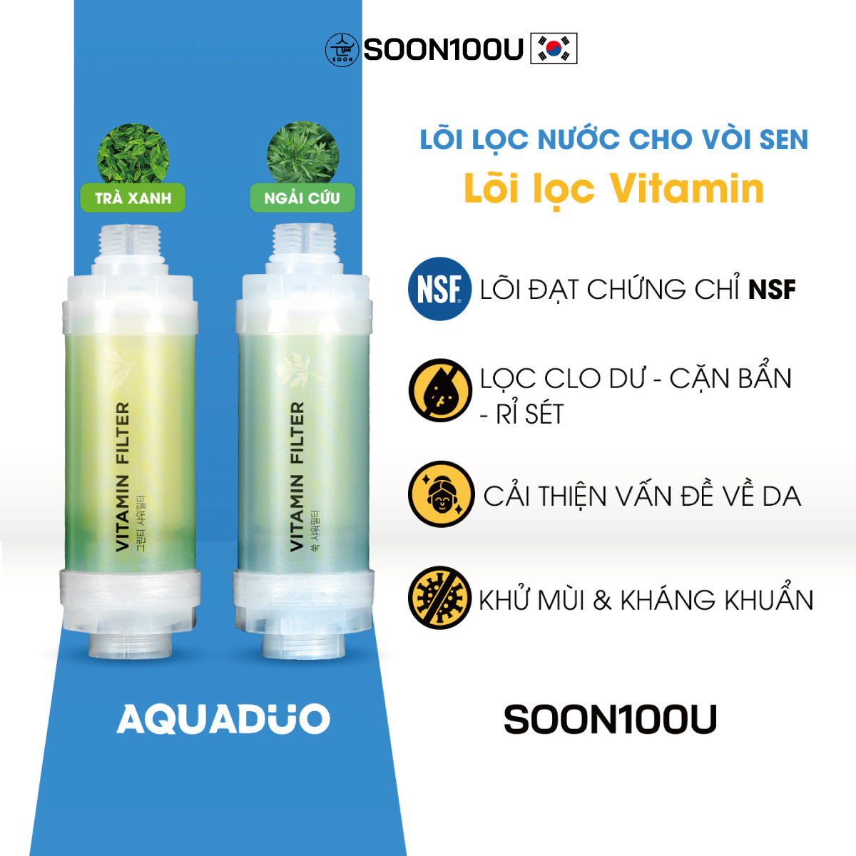 Lõi lọc nước Vitamin gắn vòi hoa sen hoặc củ sen tắm có 2 mùi Trà Xanh/Ngải Cứu Aquaduo Soon100u