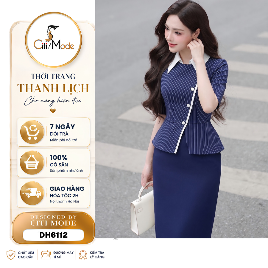 Citi Mode Fashion Office Dress Designed in Blue and Black with Purple Stripes and White German Collar with Short Sleeves Dh6112