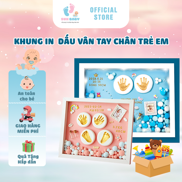 (In tặng 2 ảnh bé) Bộ Khung In Dấu Tay Chân Cho Bé, Lưu Giữ Cuốn Rốn, tóc máu cho bé