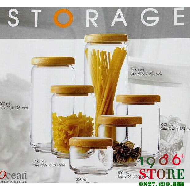 Bộ 6 Hũ Thủy Tinh Nắp Gỗ Ocean Pop Jar Full Size 325ml - 500ml - 650ml - 750ml - 1000ml