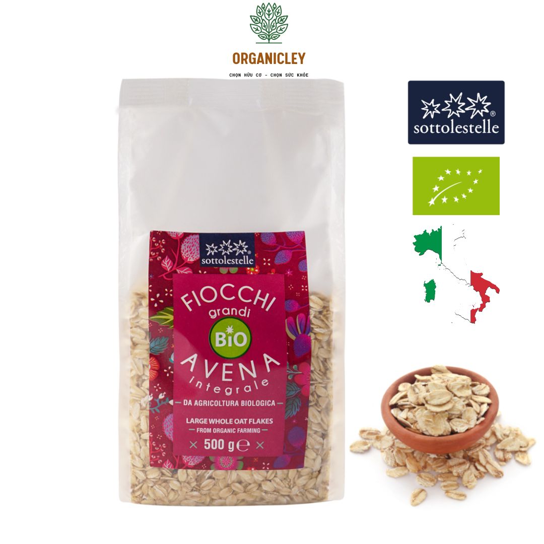 Yến mạch nguyên cám hữu cơ cán dày sottolestelle organic large whole oat flakes 500g - yến mạch giảm cân ăn liền, cho bé - organicley