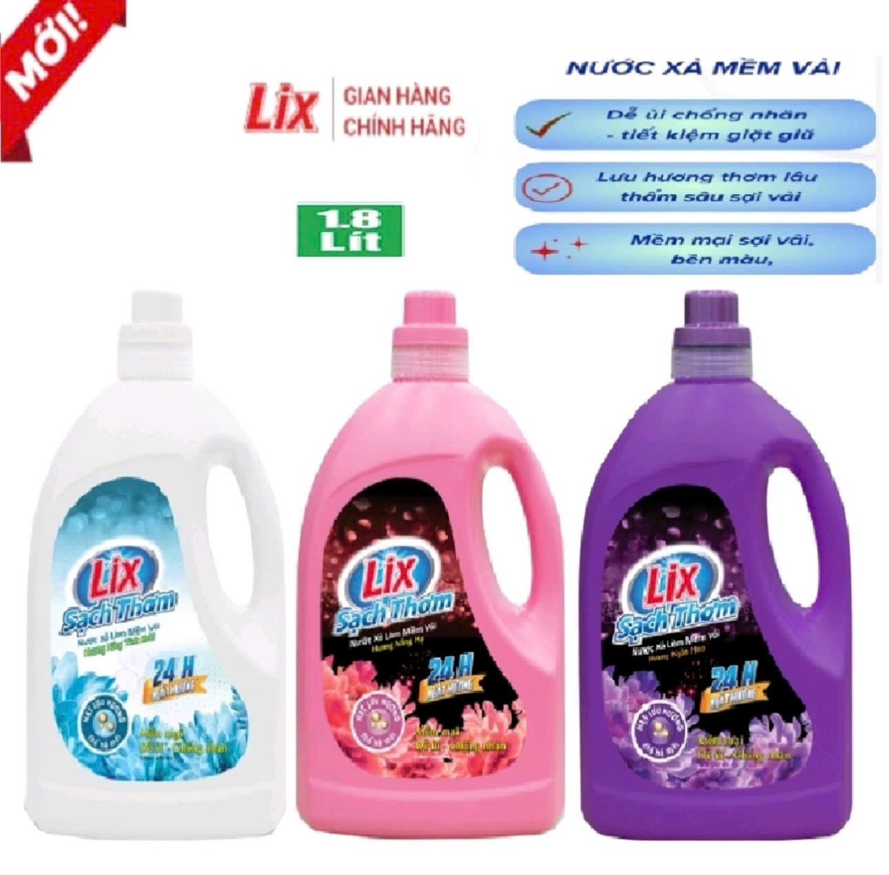 Nước xả vải Lix can 1.8L sạch thơm hương ngàn hoa/hương nắng hạ