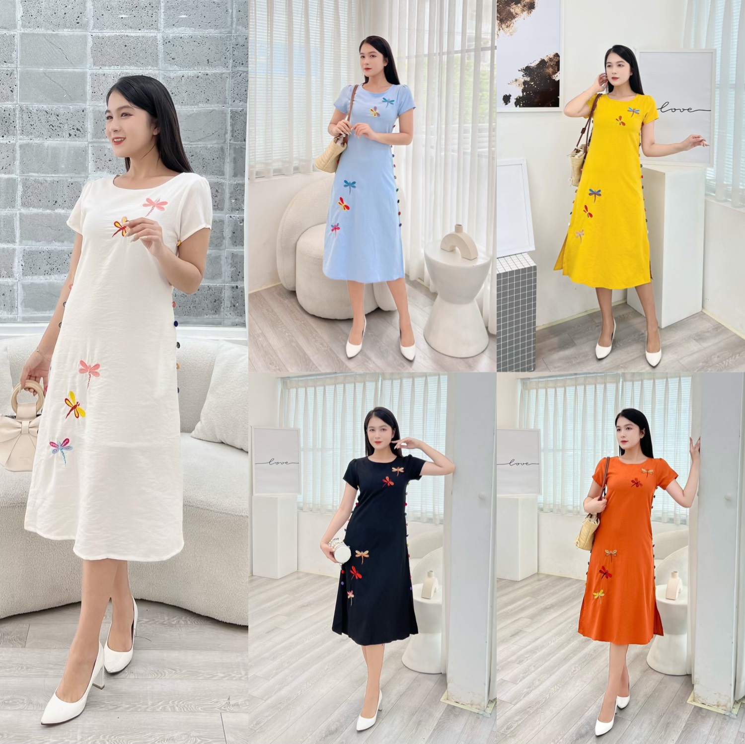 Đầm suông thêu chuồn chuồn phối nút bọc K218
